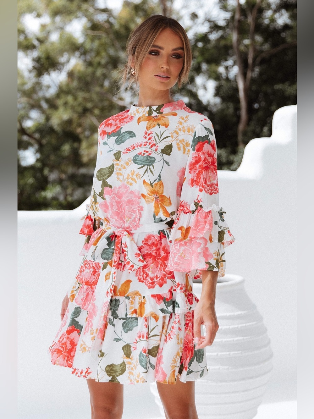 Petal & Pup White Floral Dress with Pink and Mustard Blooms